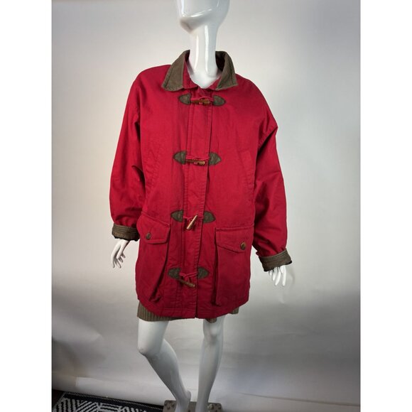 Lands End Womens Red Duffle Coat Medium 10/12 Genuine Leather Trim Vintage Style - Picture 16 of 16